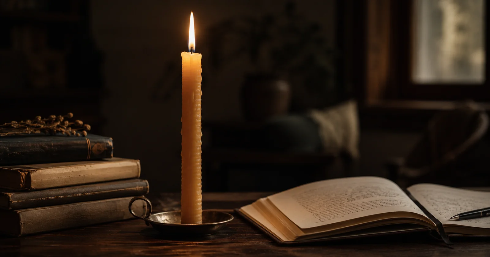 A beeswax taper candle burning steadily half-way down on dark wood, beside a stack of handled books and an open notebook catching the warm amber light