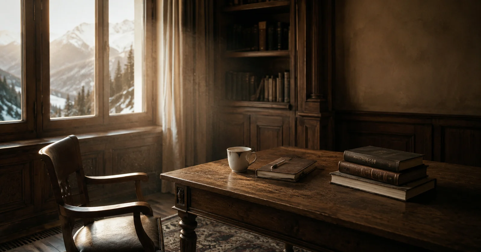 A wood-paneled study at dawn — empty chair pushed back from a desk, half-finished coffee, closed leather notebook, soft side light through tall windows
