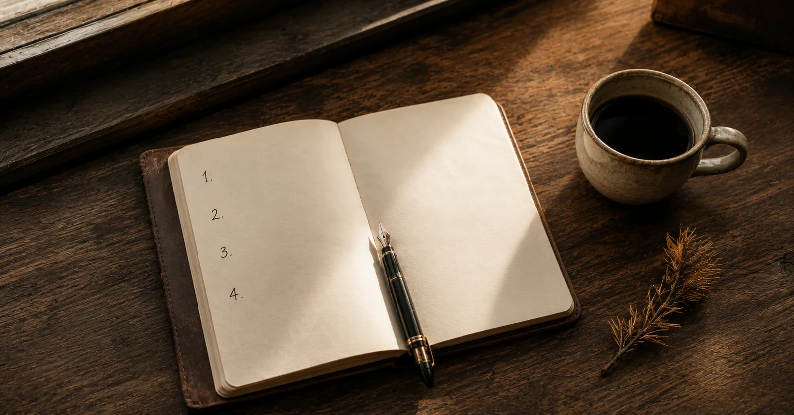 An open leather notebook with four neat numbered marks in fountain-pen ink, a vintage pen across the seam, ceramic mug of black coffee, soft morning side-light on warm wood