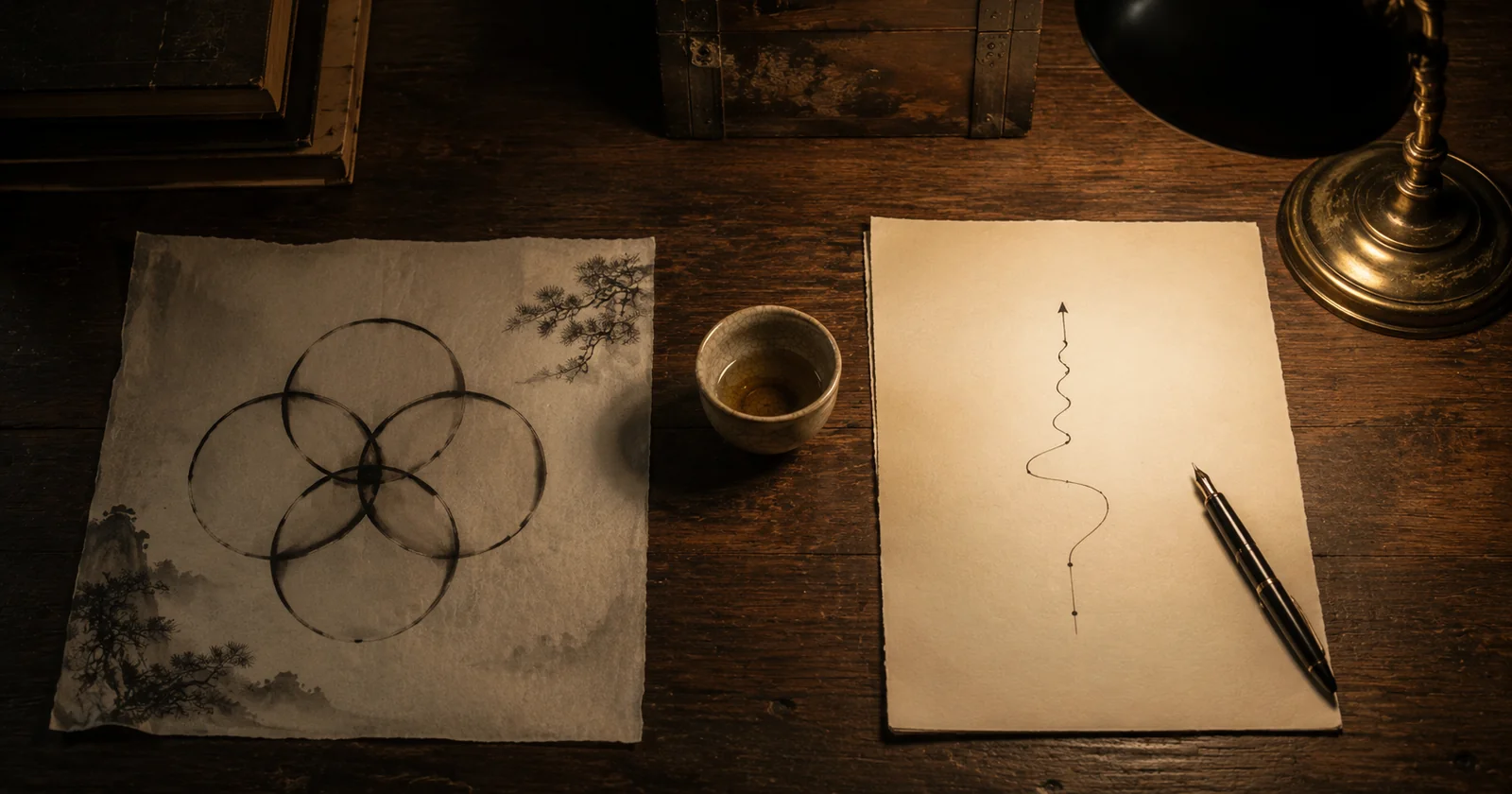 Top-down editorial still life — a Japanese ink-wash sketch of overlapping circles on rice paper beside a single cream sheet showing one austere handwritten path forward