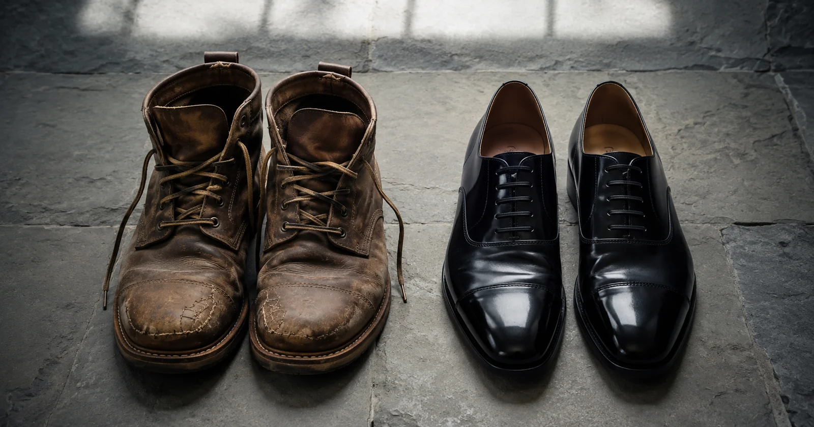 Editorial still life — a pair of well-worn leather work boots next to a pair of polished but unworn dress shoes, on grey stone floor in soft north light