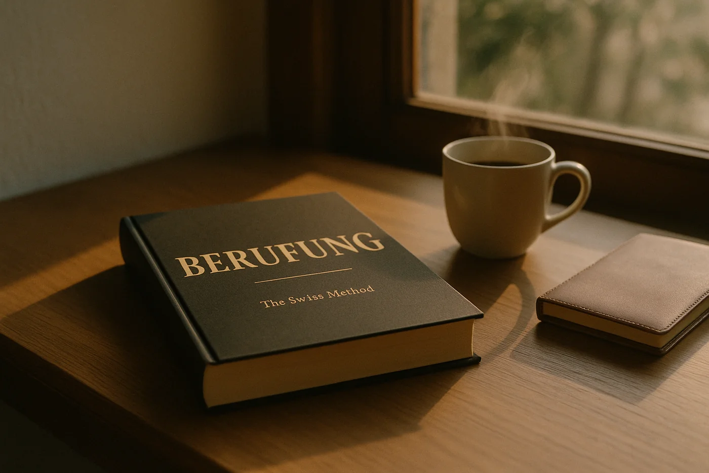 The book resting on a wooden desk by a window with morning light, a coffee cup beside it