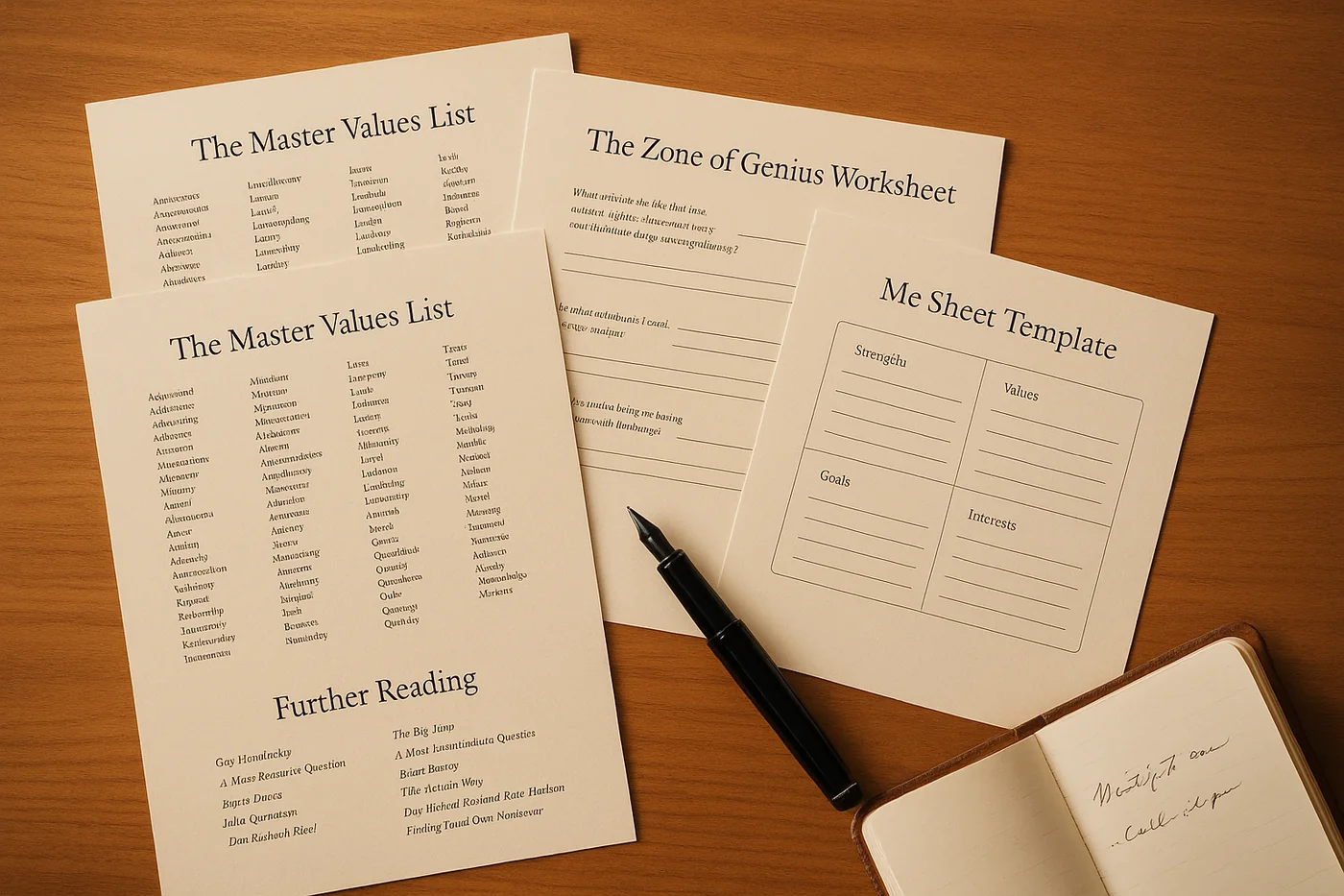 The four Berufung worksheets, fanned out on a wooden desk with a fountain pen
