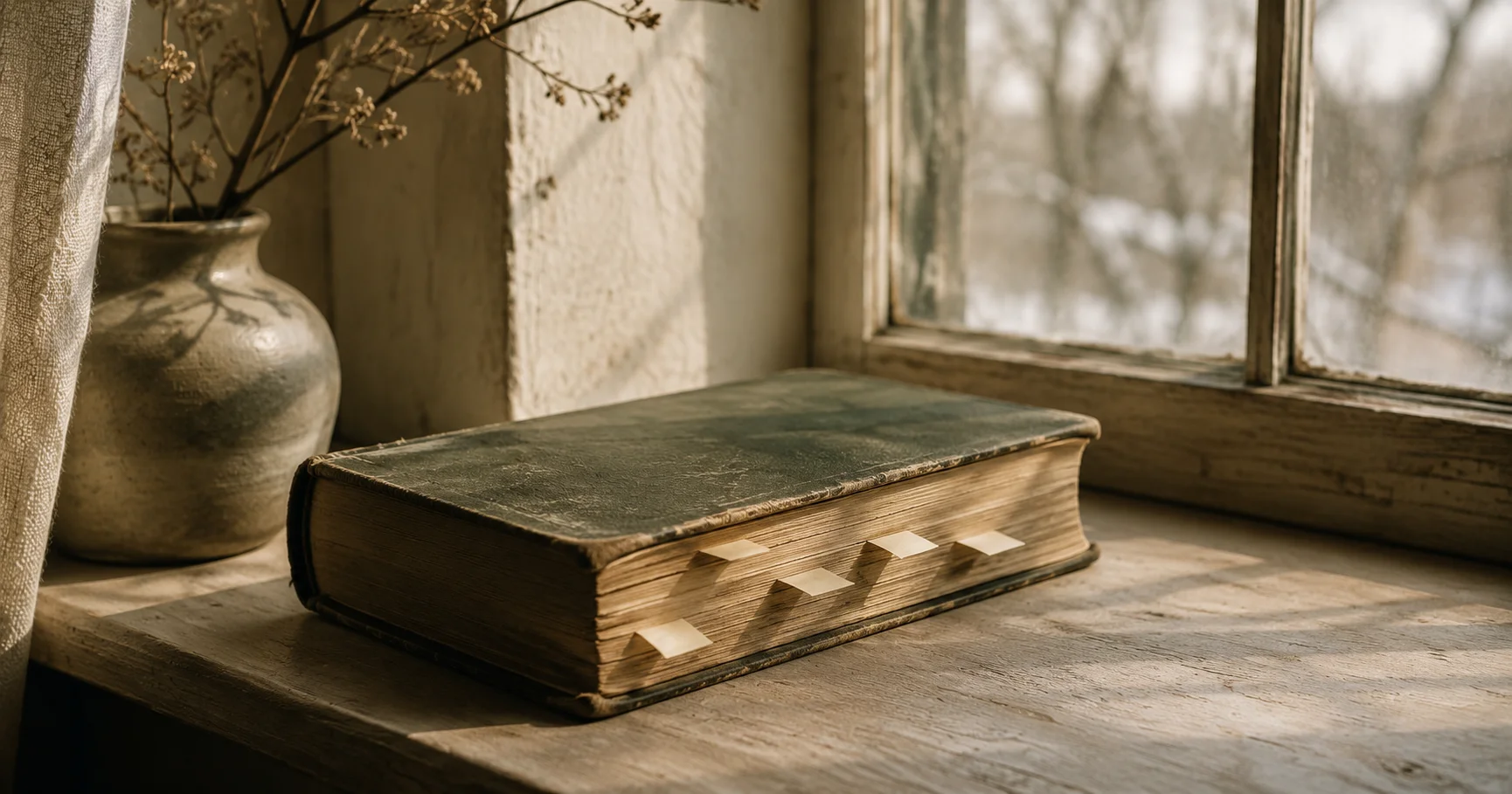 A worn copy of a book on a windowsill, pages marked with several small tabs, late winter light through the glass