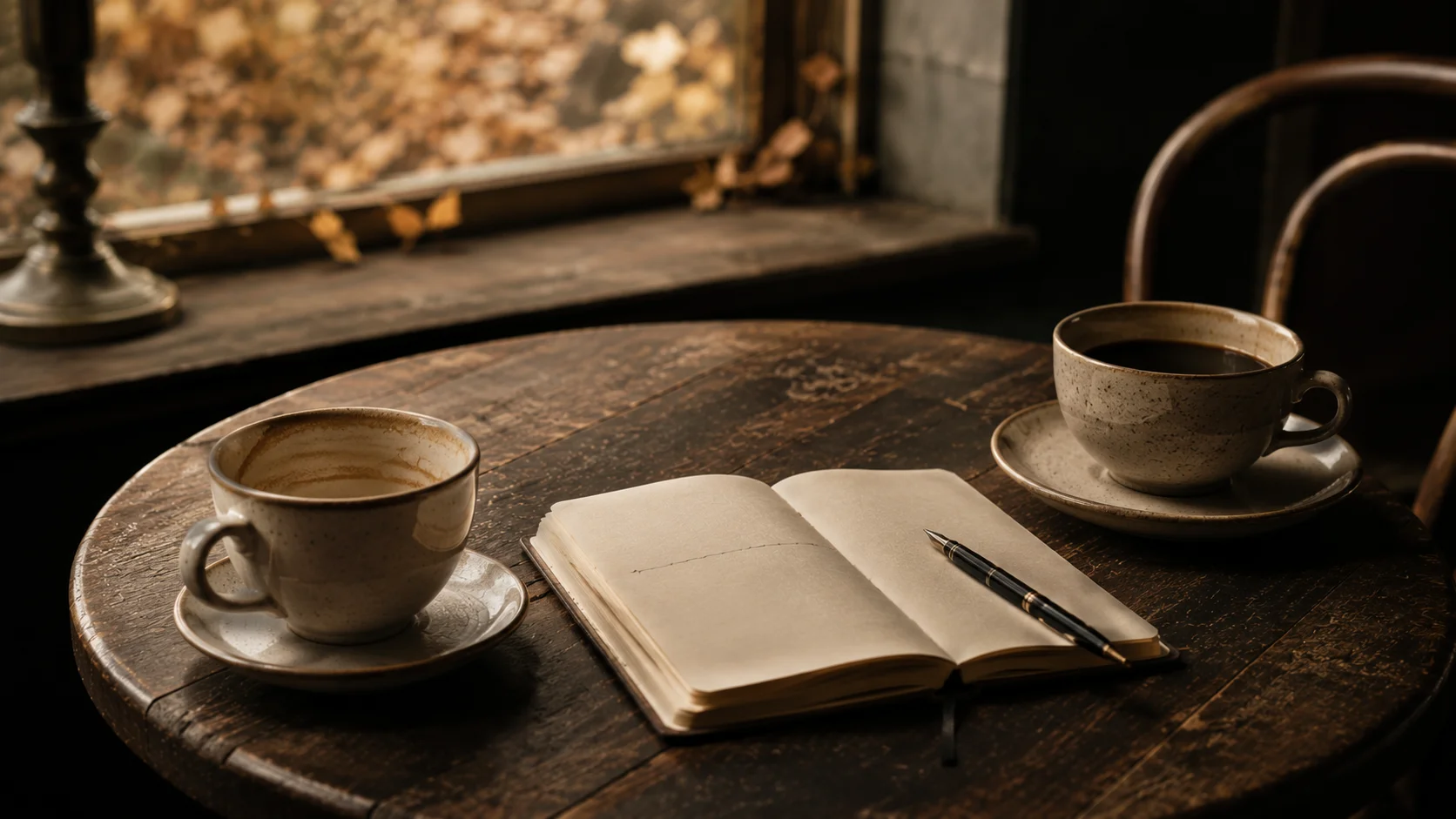 Two coffee cups on a small wooden cafe table, one half-finished, an open notebook between them, late autumn light through a window