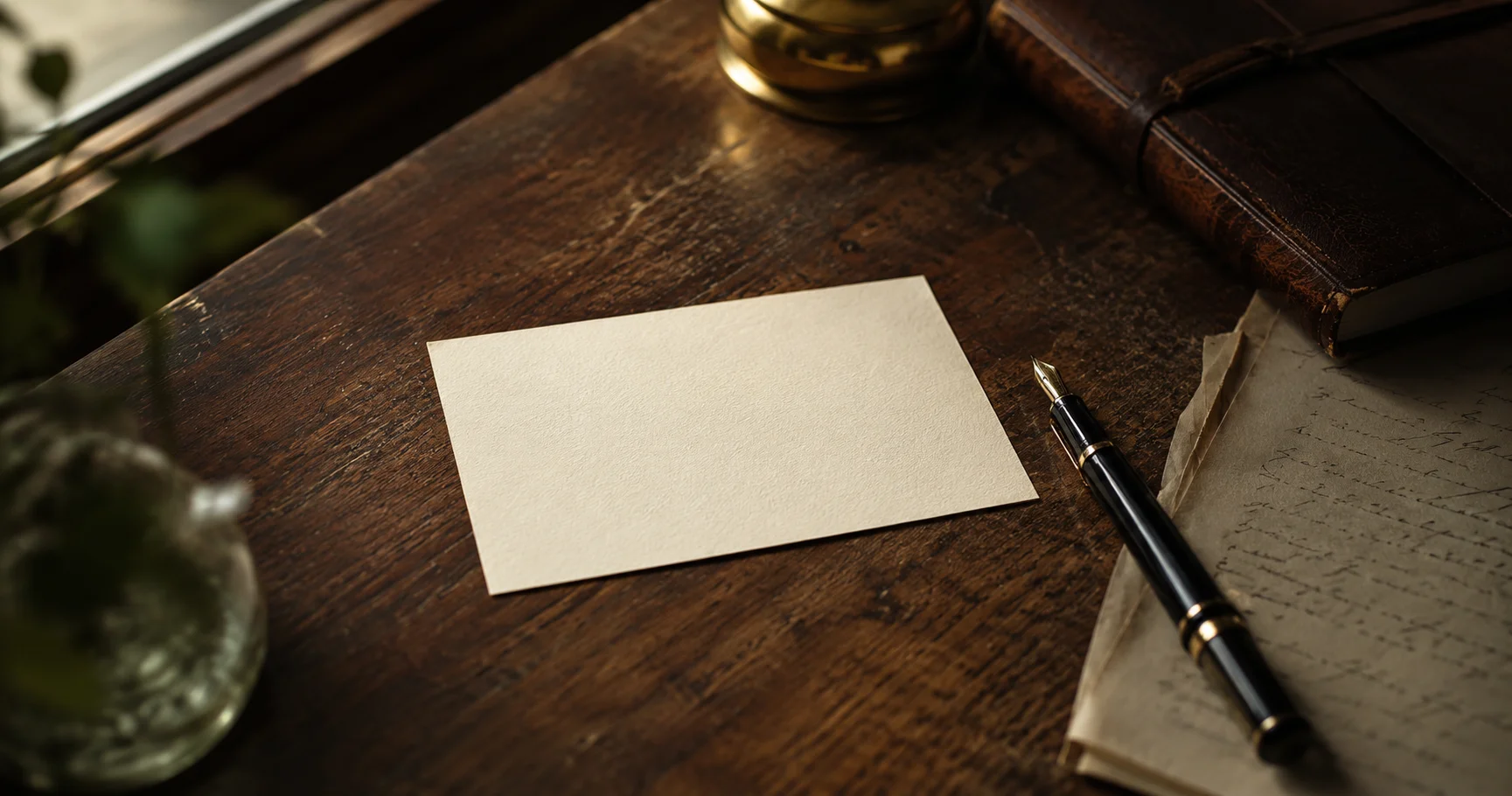 A simple appointment card on a wooden desk beside a fountain pen and a folded sheet of handwritten notes