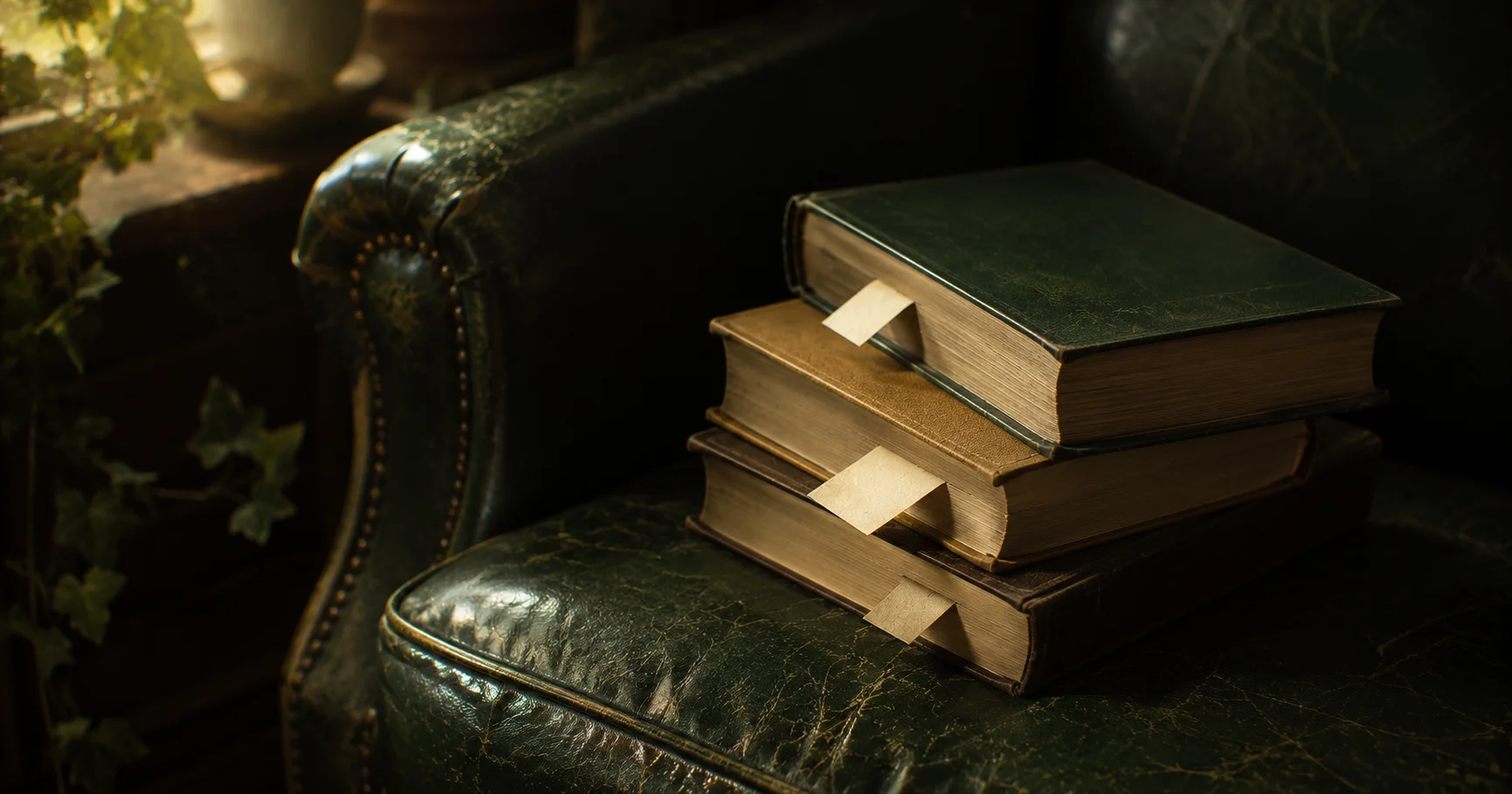 Three hardback books with paper bookmarks protruding, resting on a worn leather chair seat, soft window light