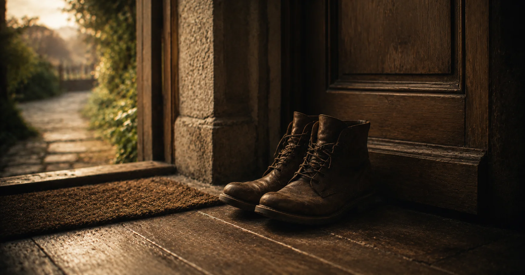 A pair of well-worn boots placed neatly beside a closed front door at dawn, the floor slightly worn, a window beyond just starting to lighten