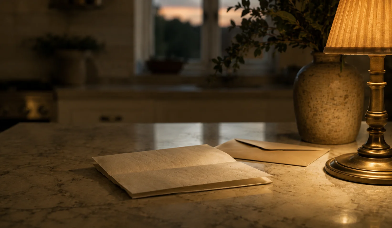 A folded paper letter on a kitchen counter at evening, soft light from a single lamp, an unopened envelope behind it
