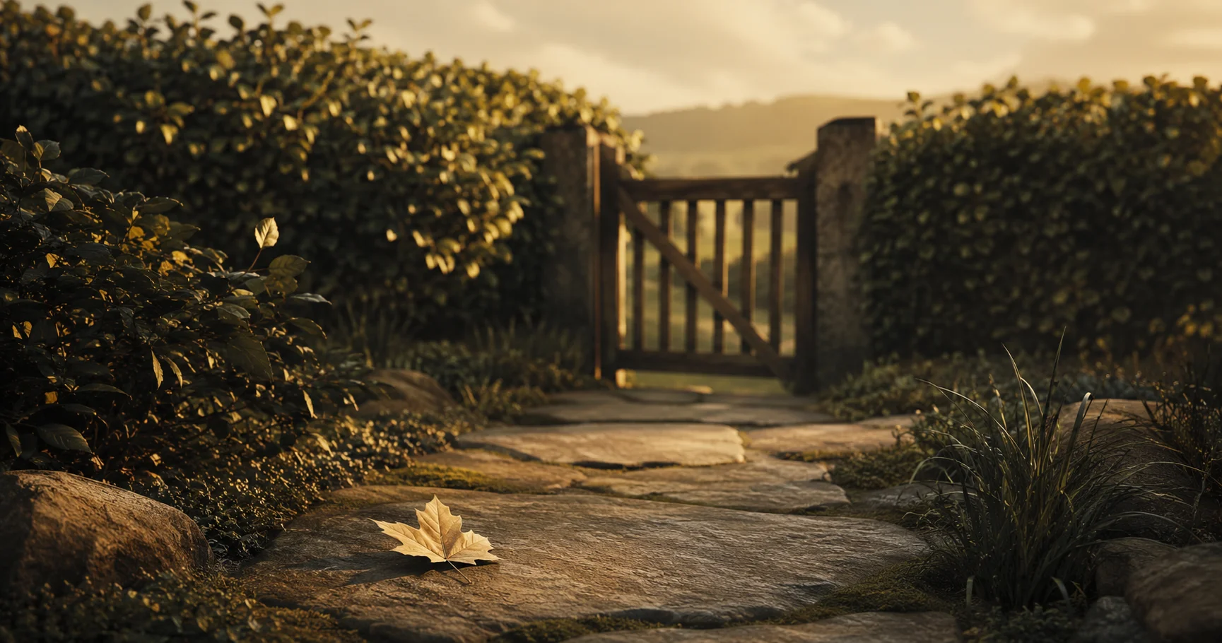 A garden path leading toward a small wooden gate, soft late-afternoon light, a single fallen leaf in the foreground