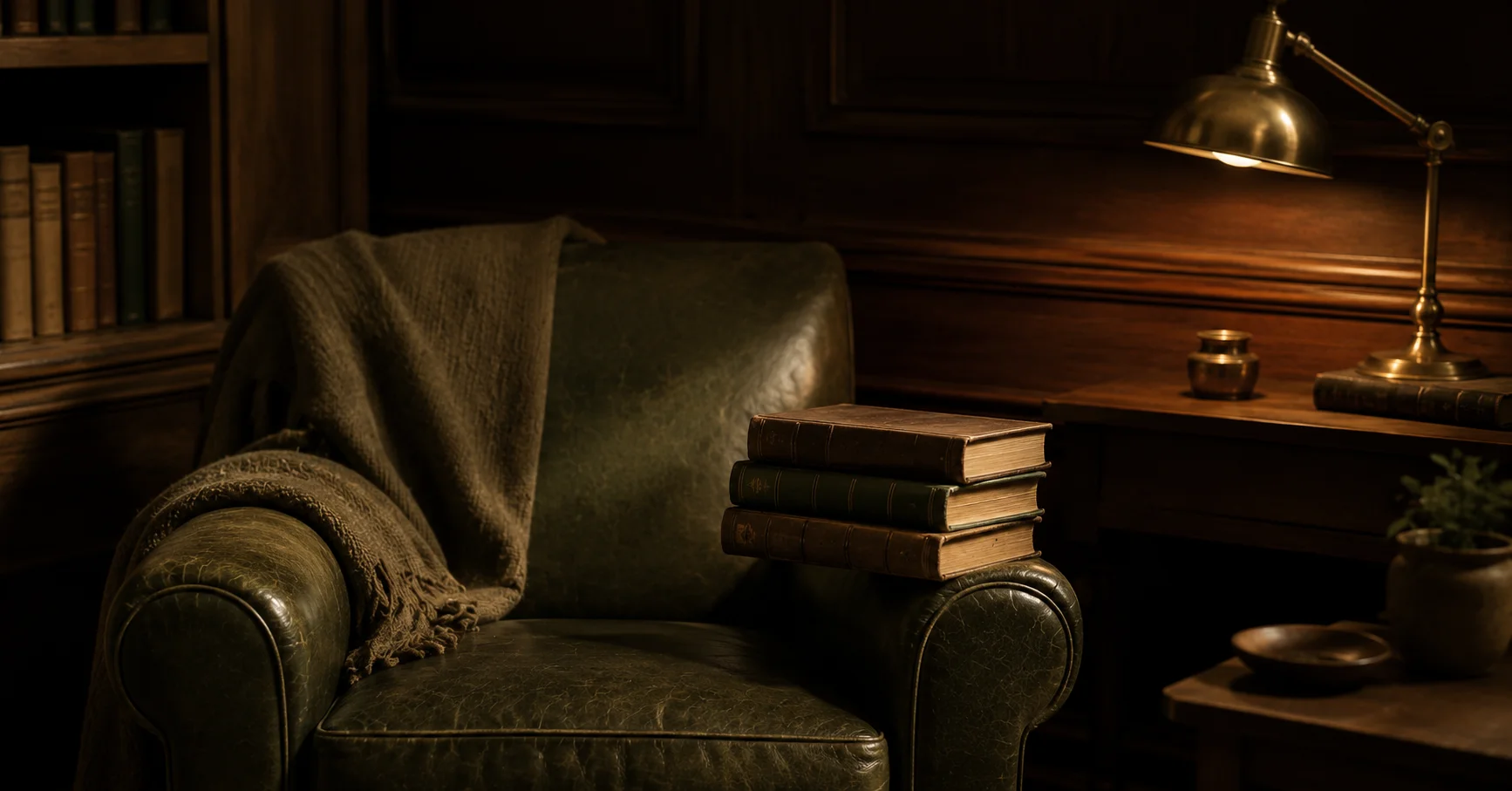 A small reading chair in the corner of a wood-panelled study, three books stacked on its armrest, a single brass lamp lit