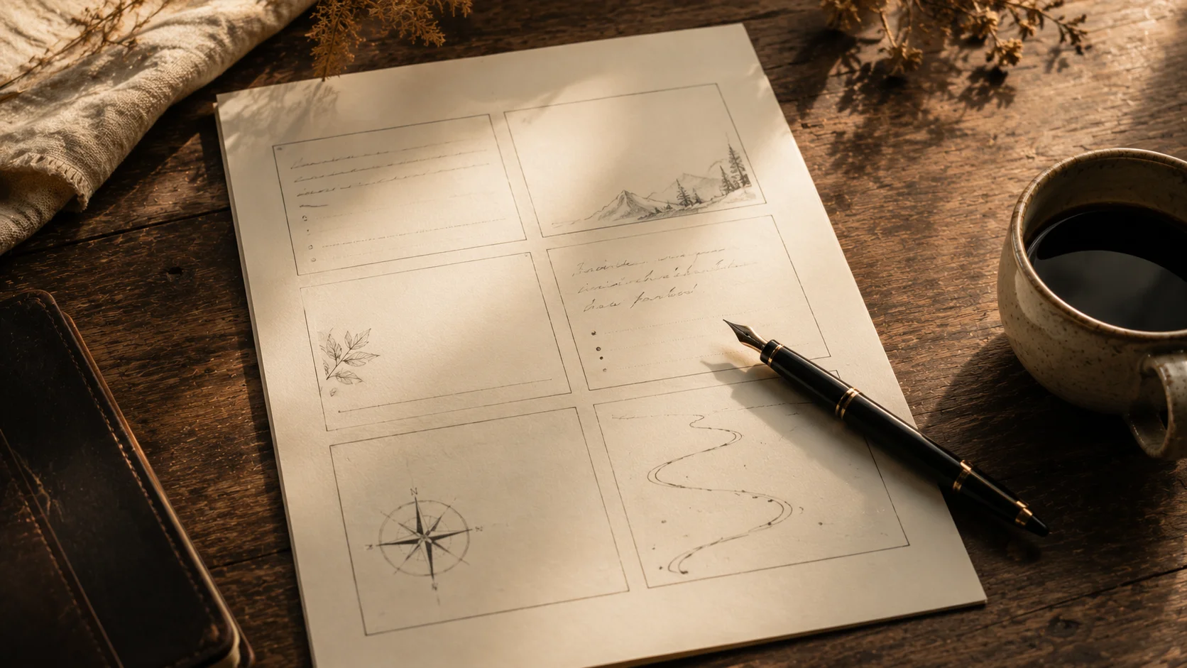 A printed worksheet on a table, a pen poised above it, a coffee cup at the edge of the frame, morning light