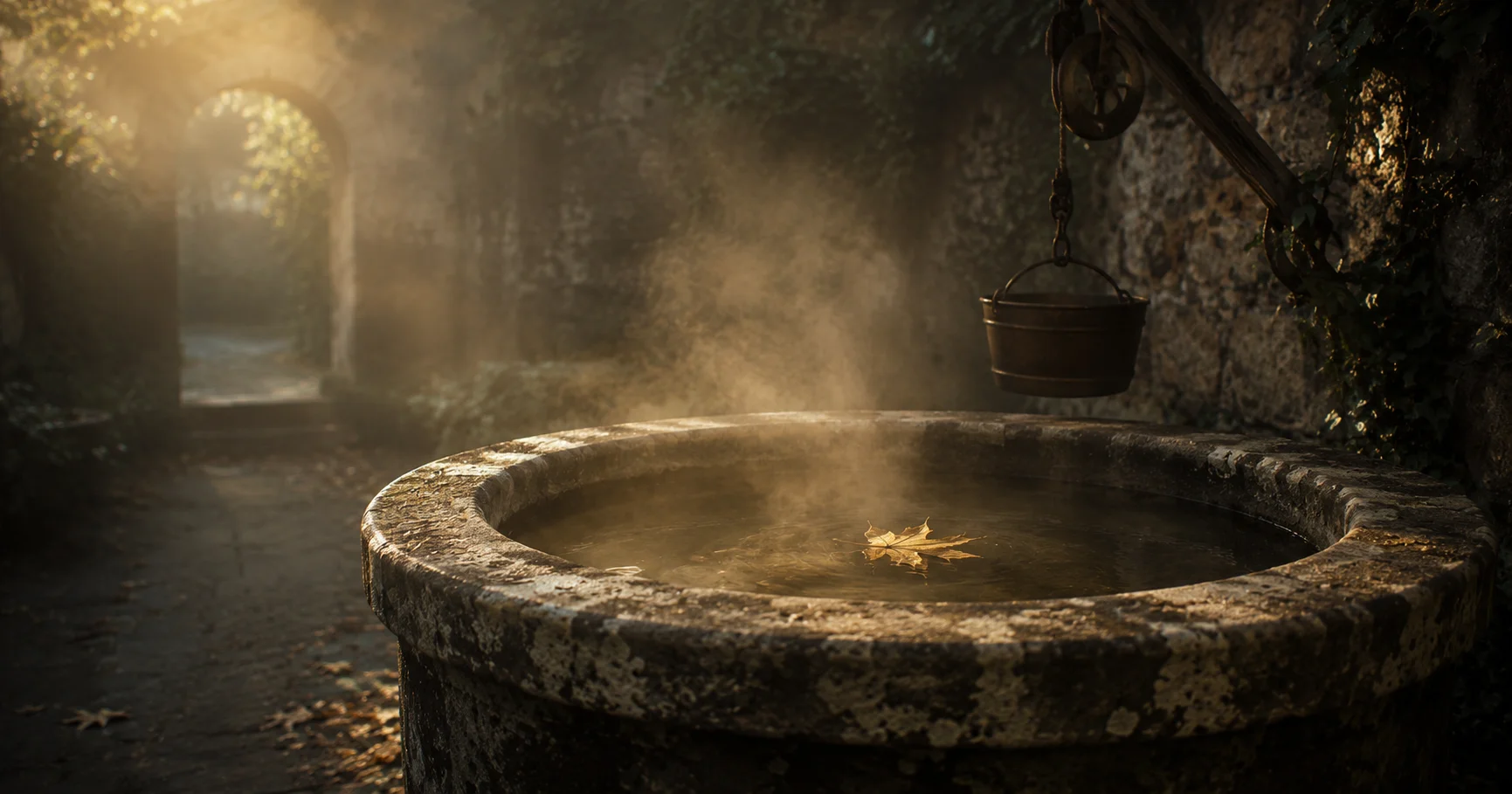 A stone well in a quiet courtyard with mist rising from it at dawn, a single fallen leaf floating on the surface