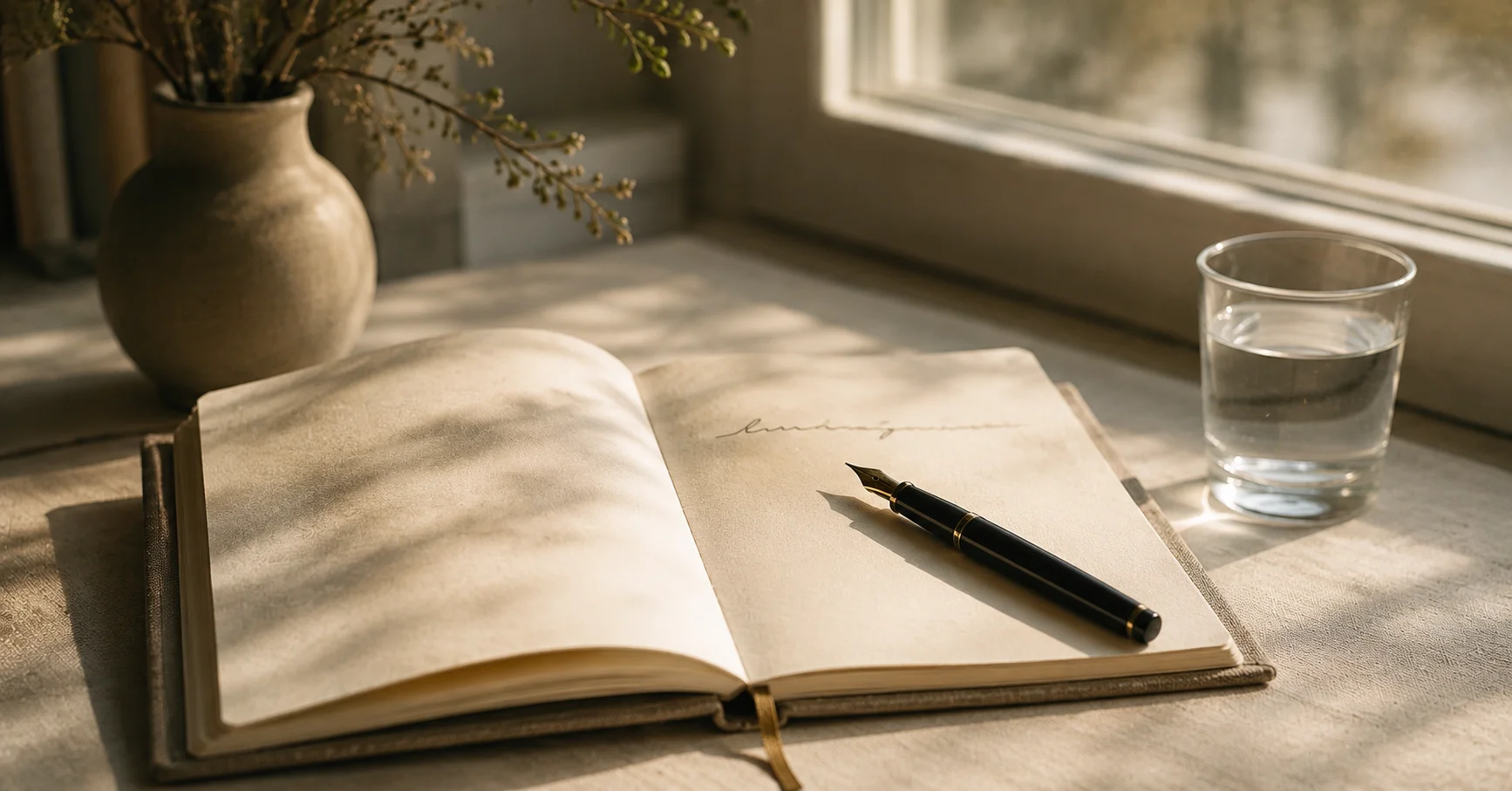 A simple linen-bound notebook open on a table, a fountain pen across the page, a glass of water beside it
