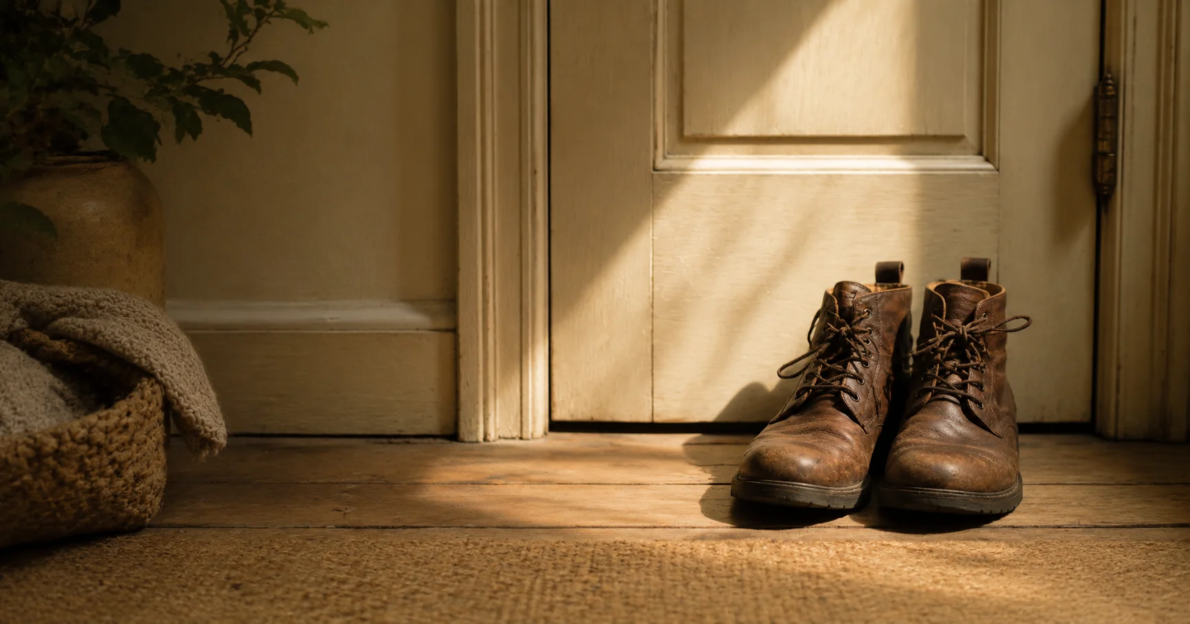 A pair of well-worn leather walking boots placed neatly beside a closed front door, late morning sun on the floor