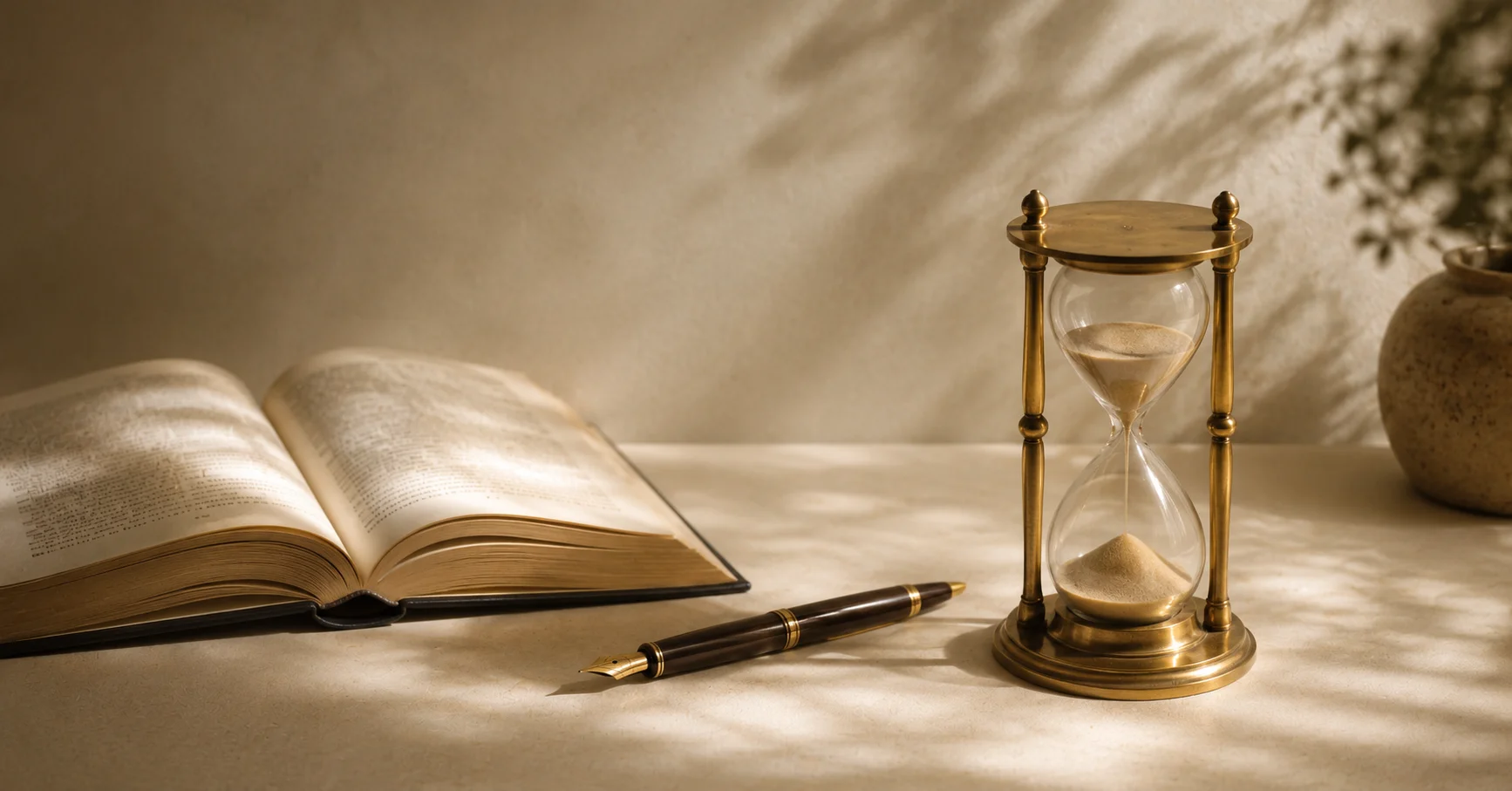 A single hour-glass on a clean cream desk beside an open book, a fountain pen aligned to its spine, soft north light