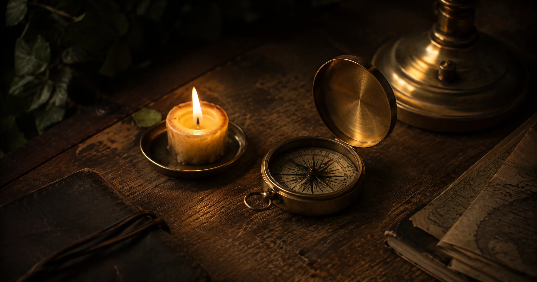 A small candle flame beside a brass compass on a wooden desk, both illuminated by warm evening light
