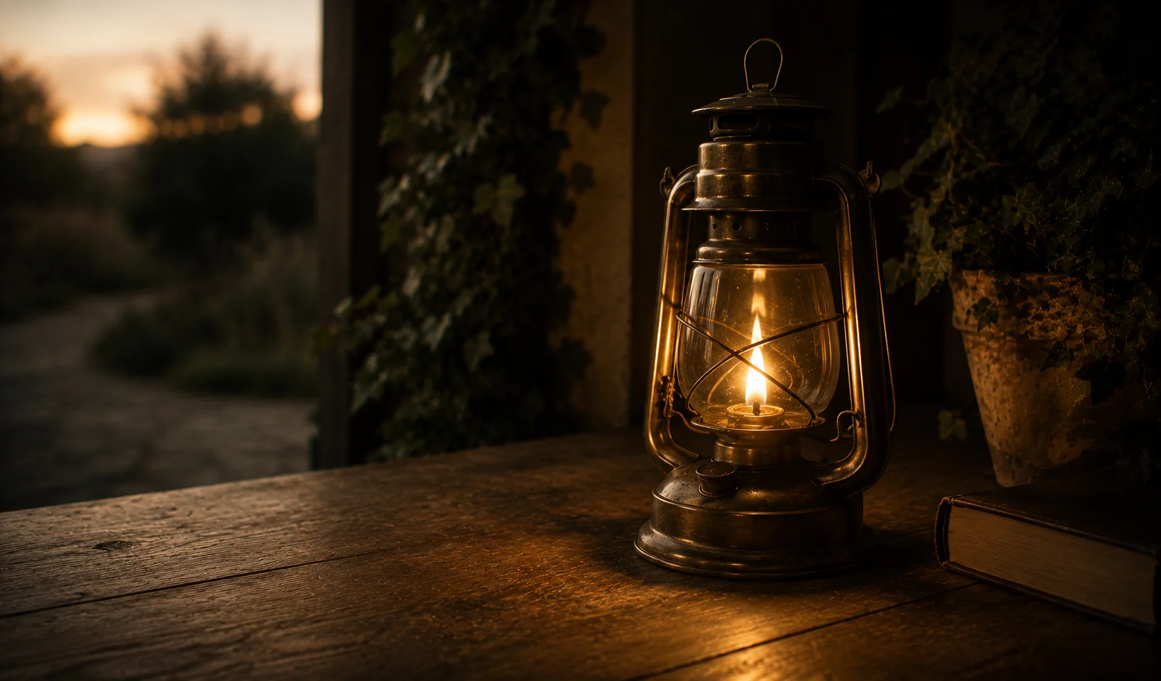 A small flame in a glass lantern on a wooden table at dusk, the flame steady and small, restrained warm light