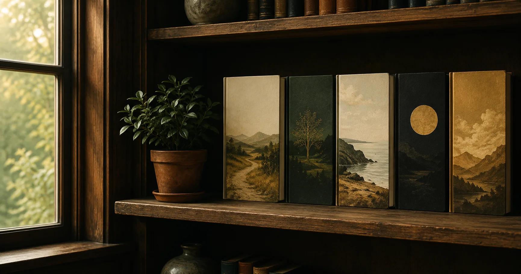 A library shelf at home with five hardback books face-out, a small green plant beside them, late-afternoon light from a sash window