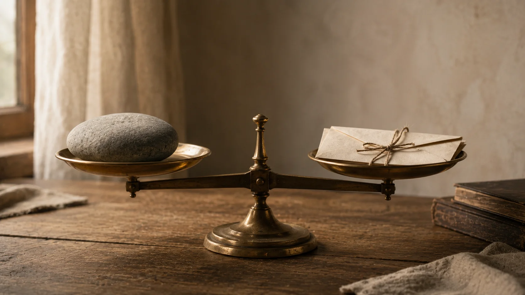 A small kitchen scale balanced with a stone on one side and a folded letter on the other, soft window light