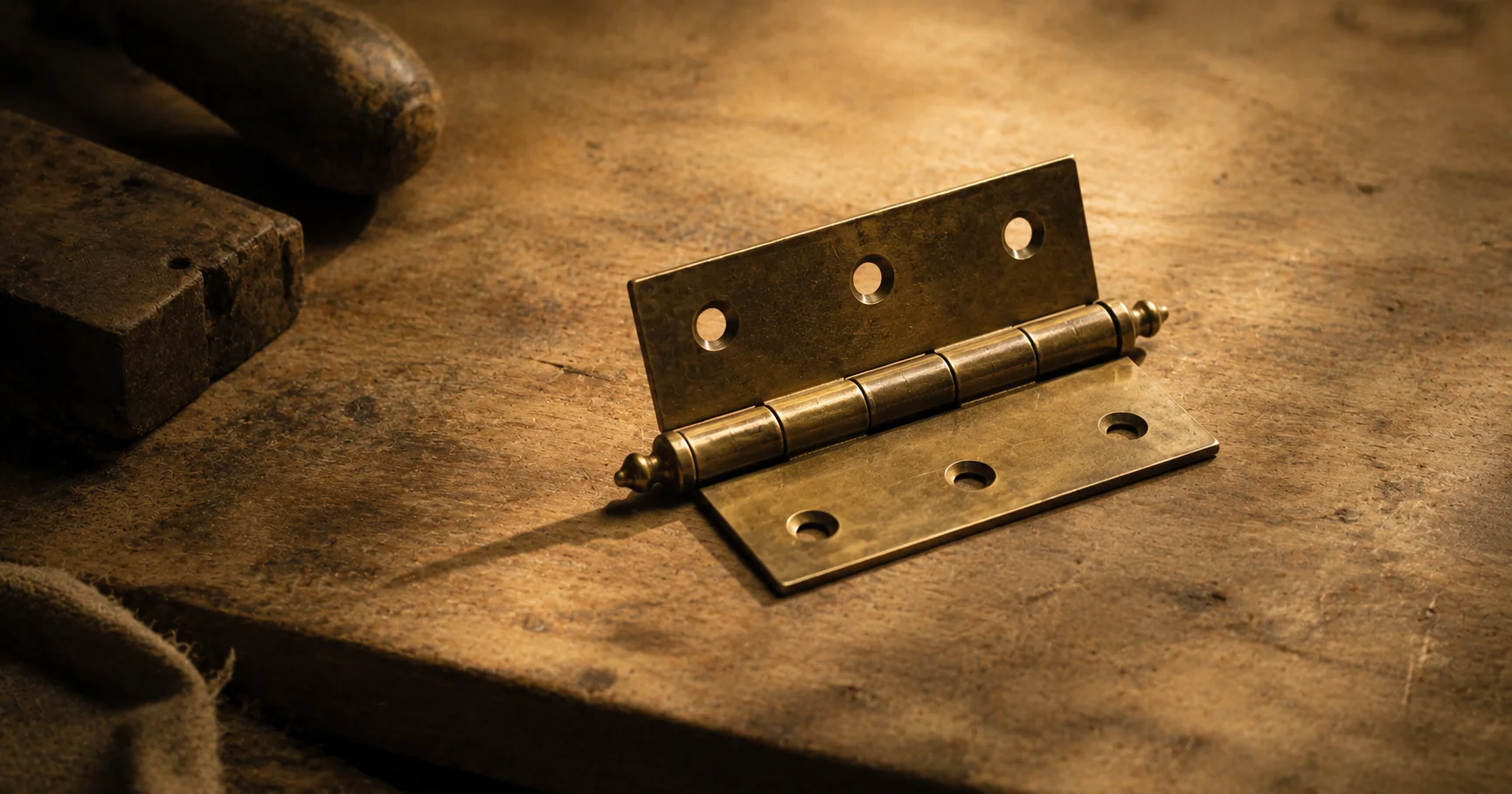 A simple wooden hinge laid on a workbench, slightly open, soft side light