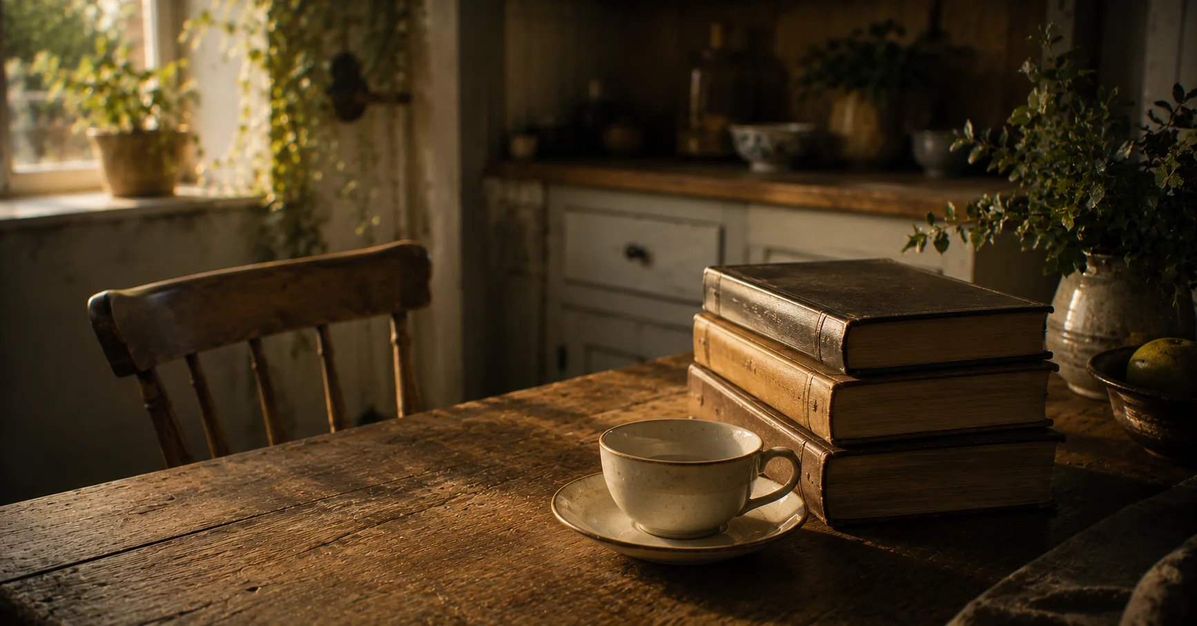 A stack of three hardback books beside an empty teacup on a kitchen table, the chair opposite slightly turned out as if recently vacated